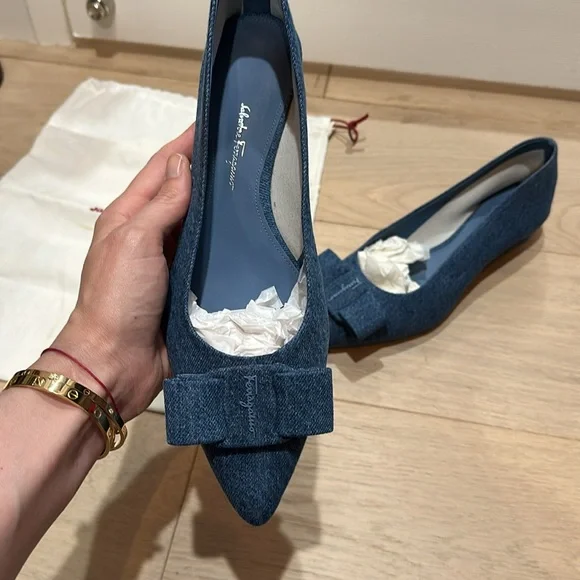Salvatore Ferragamo Denim Viva Bow Ballerina Flats Size 11 - Picture 2 of 7